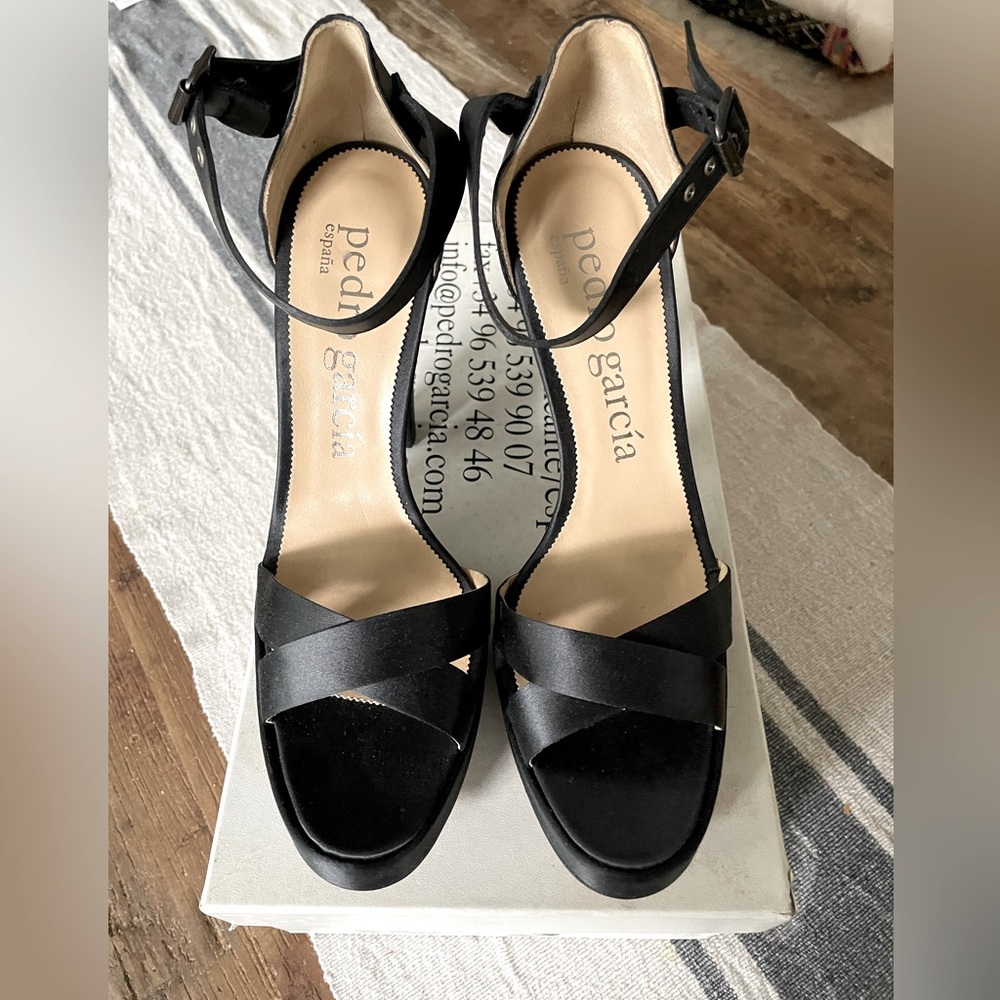 PEDRO GARCIA Black Satin & Leather Platform Ankle Strap Sandals Heels 40 10 NIB - Picture 3 of 6